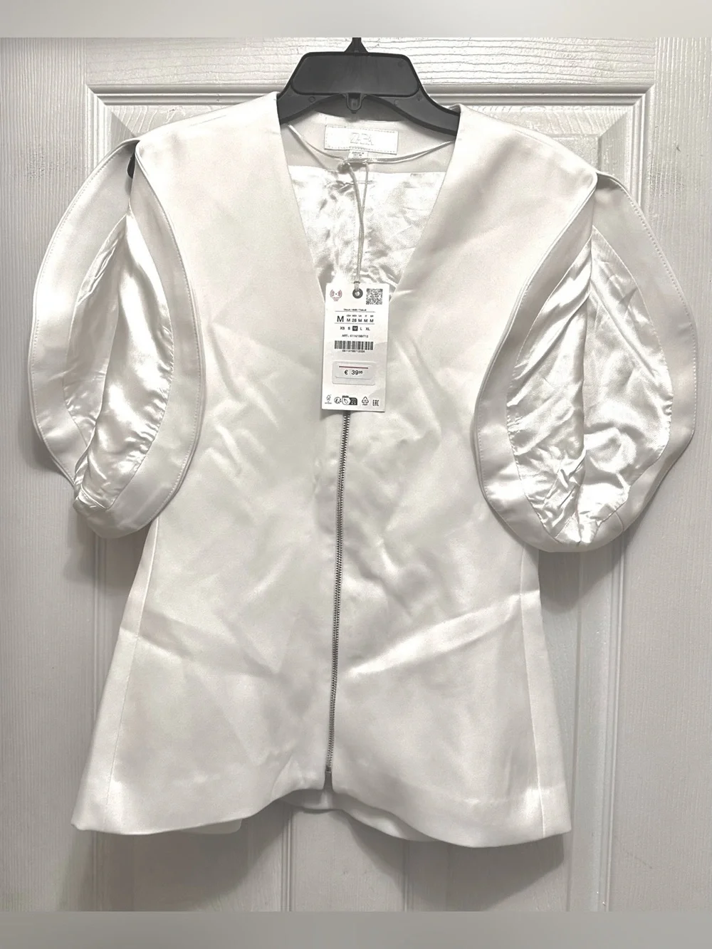 Zara White Puff-Sleeve Zip Front Blouse